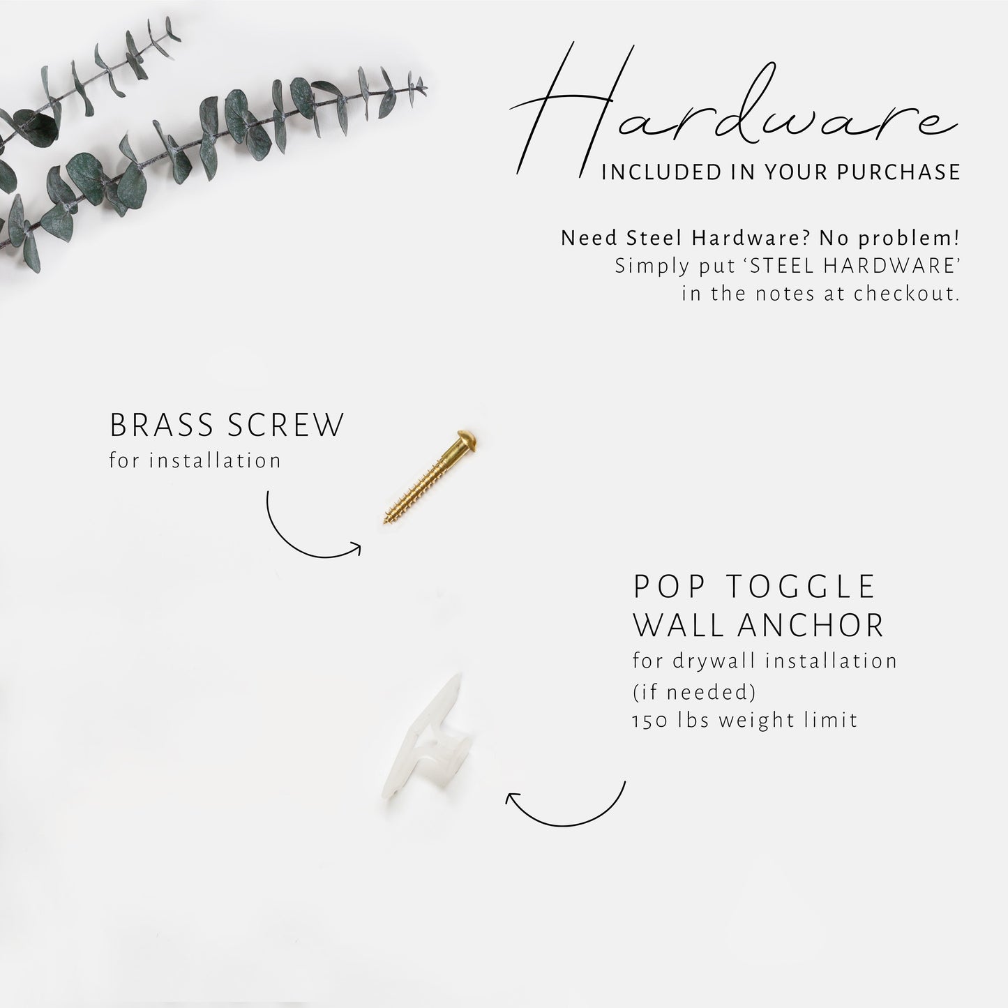 Leather wall strap hardware set including brass screw and wall anchor — mounting components for secure installation of standard width leather wall brackets.