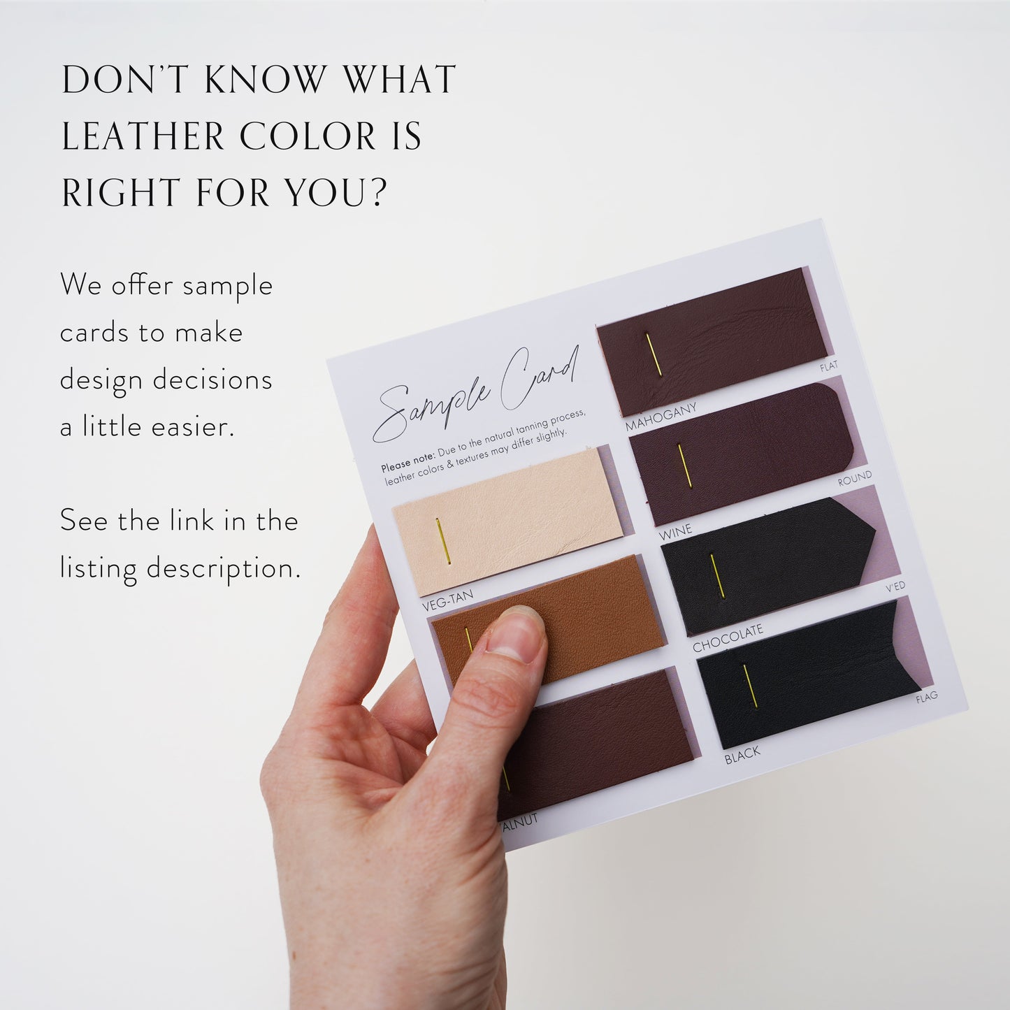 Keyaiira leather sample card showing available color options including veg-tan, walnut, mahogany, and black handcrafted leather swatch guide.