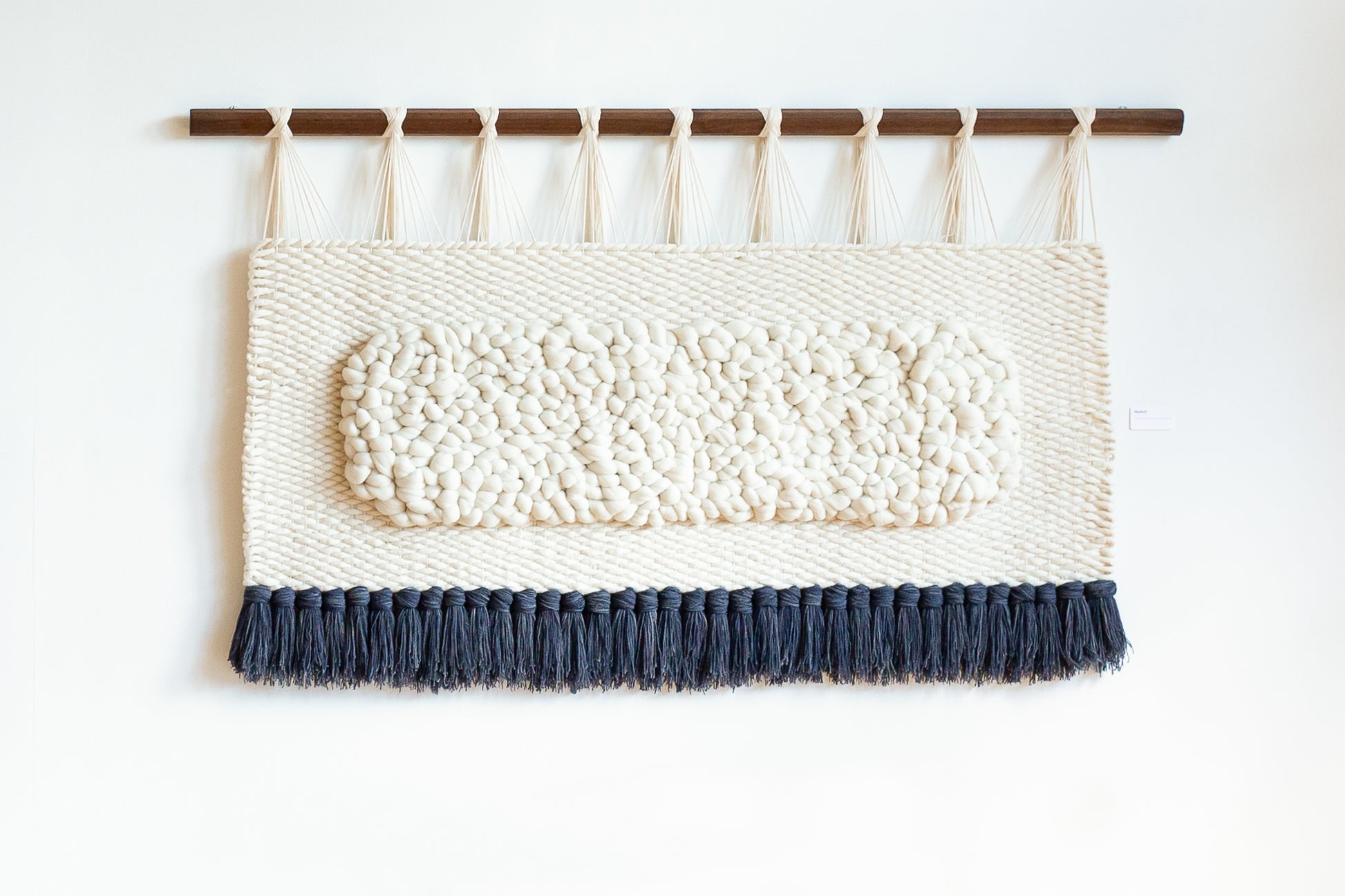 Large installation art modern textile weaving blue and white woven wall hanging mid century Scandinavian home décor statement art