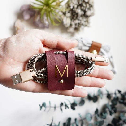 Personalized leather cord organizer, custom monogram cable holder, charger cord keeper, leather cable tie, desk organization and tech accessory by Keyaiira
