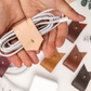 Handmade Veg Tan leather cable tie with customized letter initial, durable large cord holder for charging cables, computer cords, electronics and everyday cable management by Keyaiira
