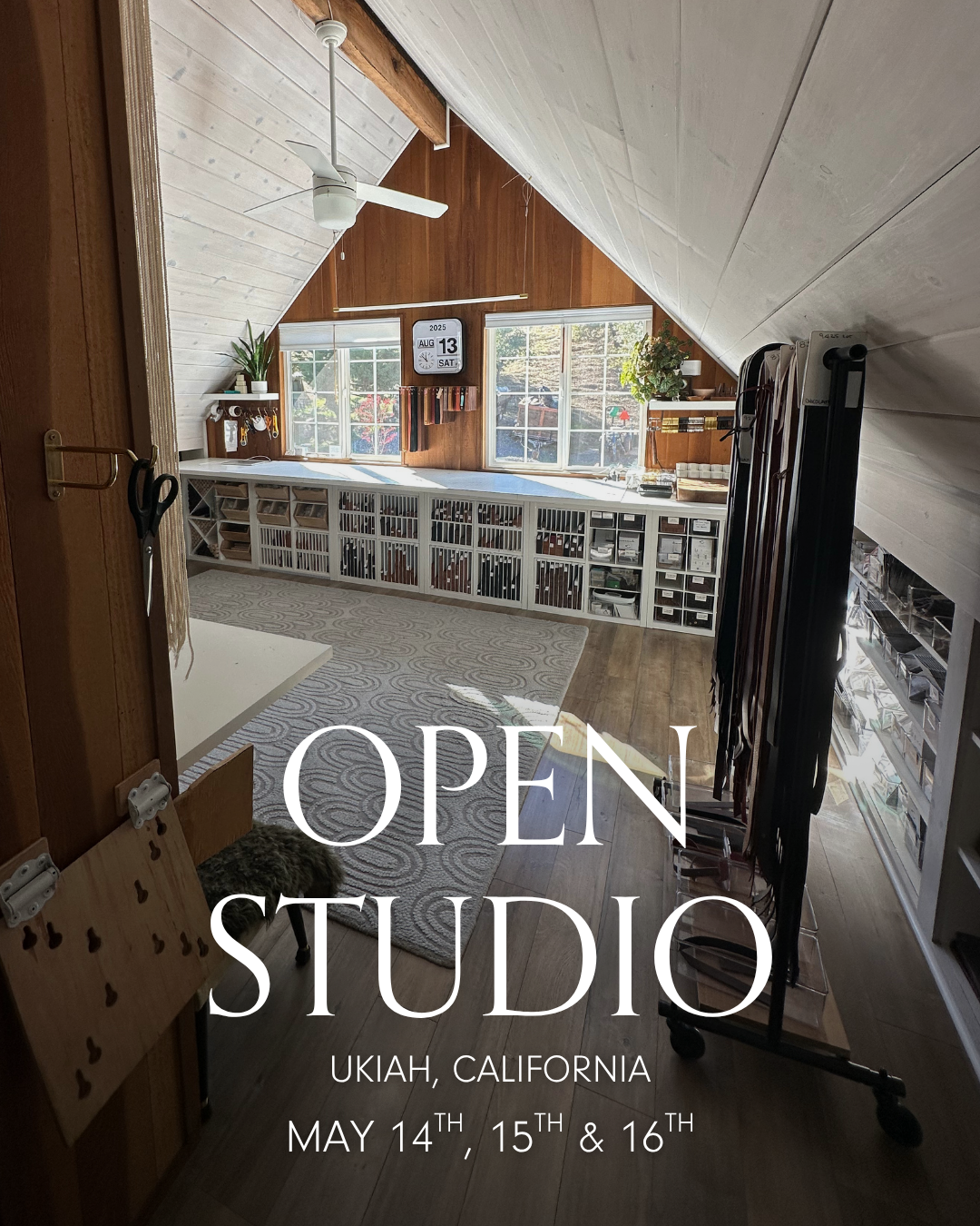 Open studio event in Ukiah California inside handcrafted leather and fiber home décor studio, featuring natural wood interior, workspace, tools, and sustainable handmade materials, May 14, 15 and 16
