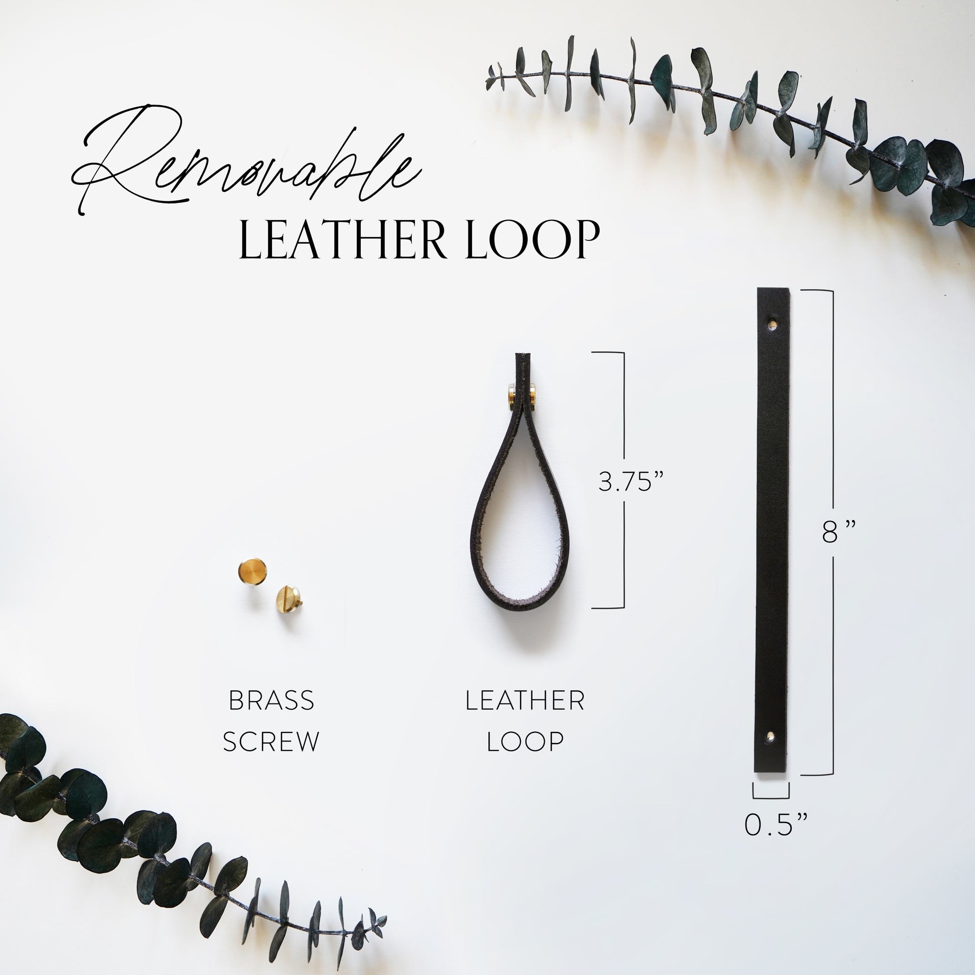 Keyaiira detachable leather hanging loop shown with brass screw and measurements removable leather loop accessory for potholders and kitchen textiles.