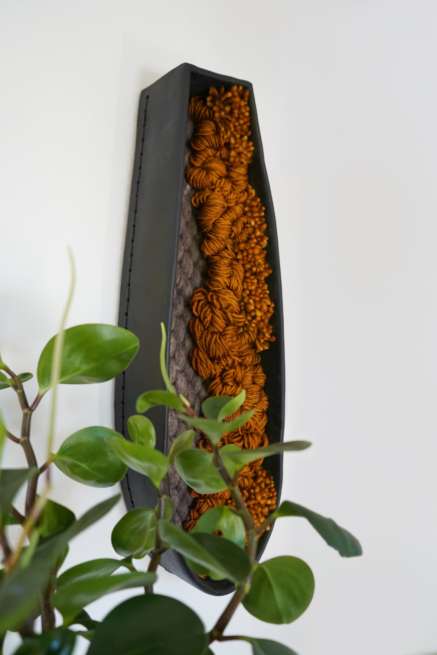 Angled shot of Japandi-inspired wall decor piece with soft natural light and houseplant for scale.