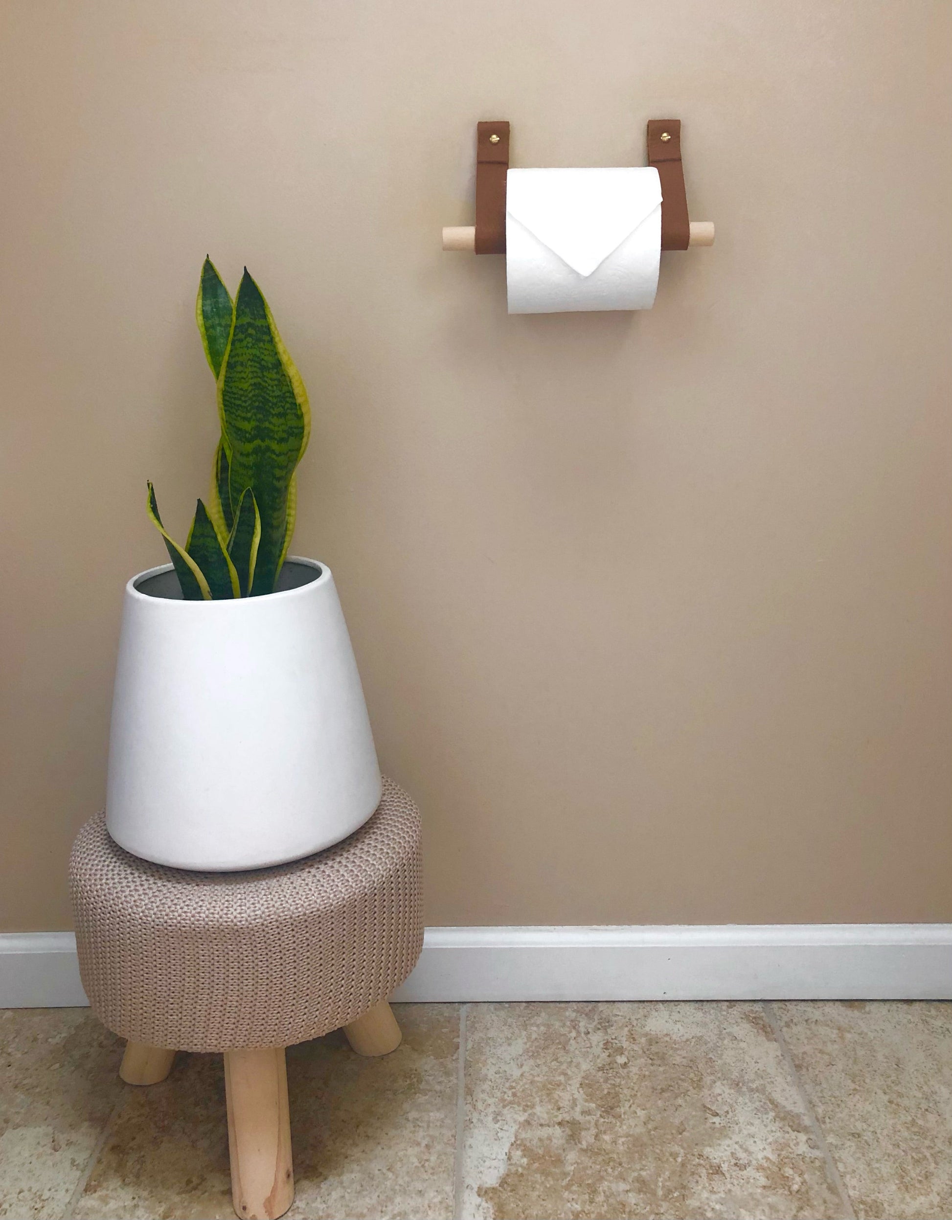 Toilet Paper Holder Kit with Leather Strap Hooks & Wood Dowel