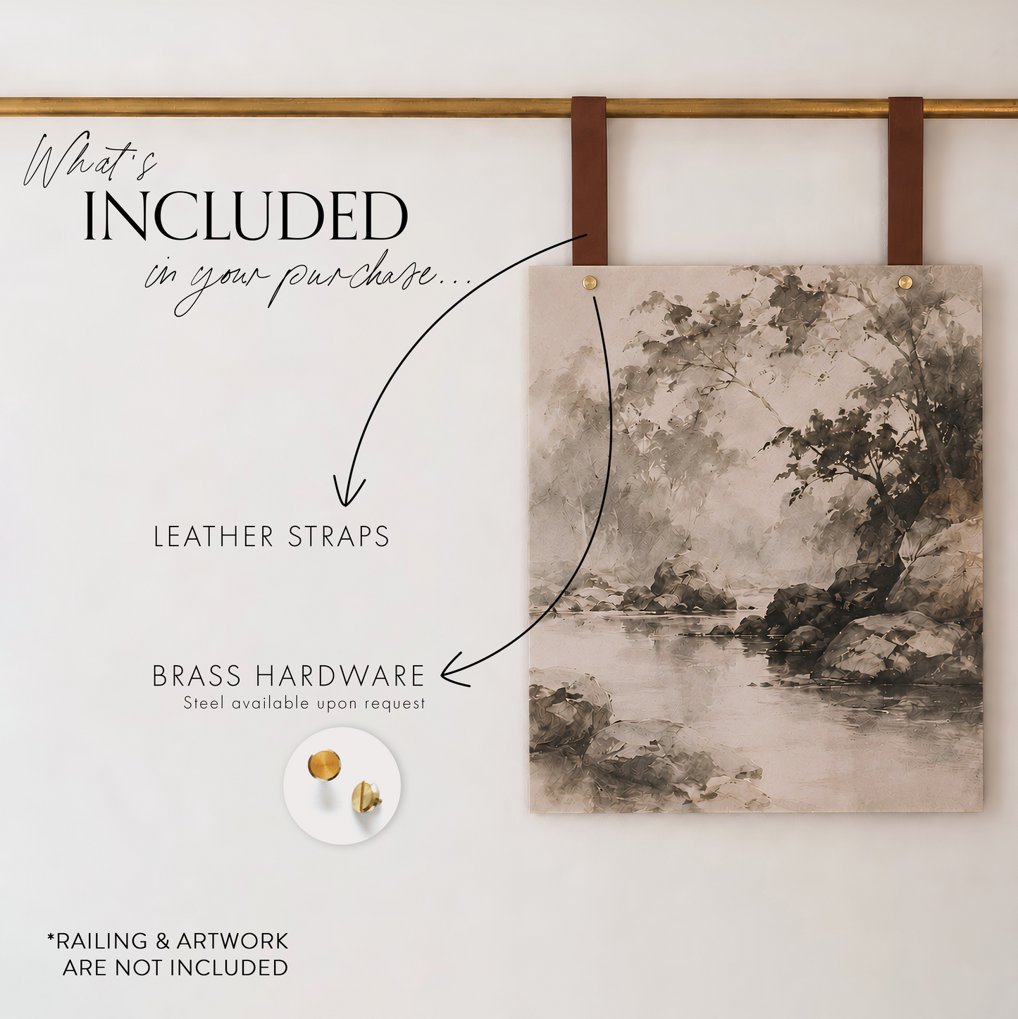 A canvas wall art print with a monochrome landscape painting is displayed hanging from two brown leather straps on a gold rod against a white wall. Text on the left lists included items: leather straps, brass hardware, and a small round sample of brass hardware.