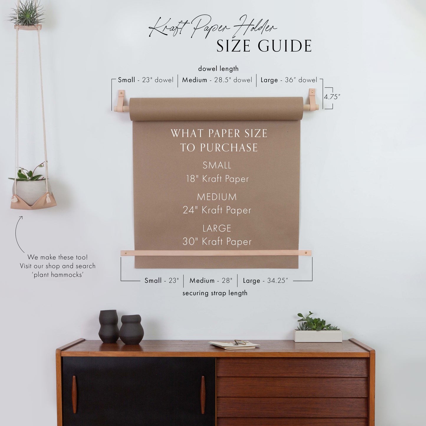 Paper size guide showing kraft paper roll recommendations for small, medium, and large wall-mounted paper holders educational sizing chart for buyers.